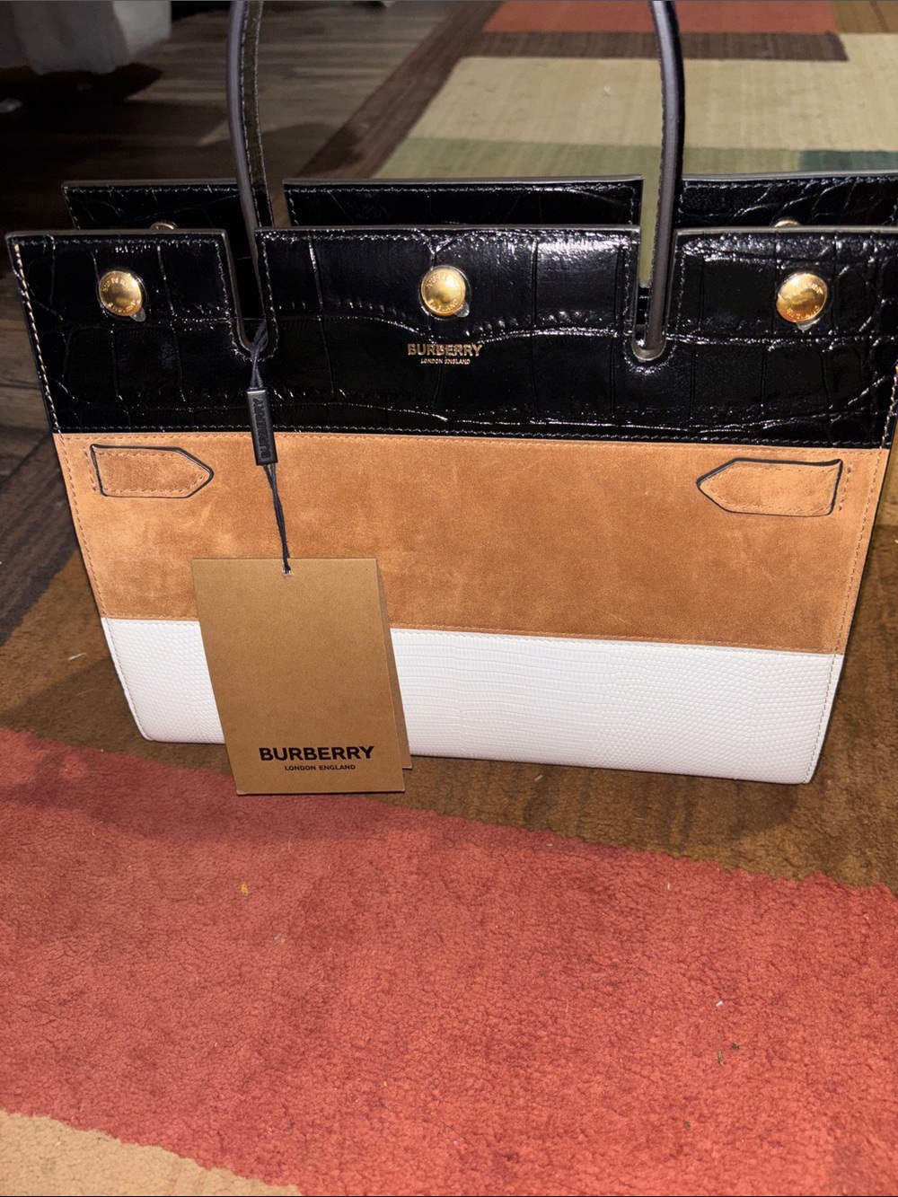 Burberry Black, Tan & White Colorblock Leather and Suede Tote